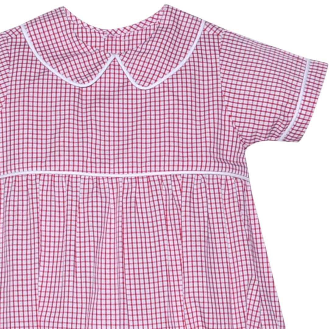 That Store red and white windowpane check baby boy bubble romper with a Peter Pan collar and white piping detail.