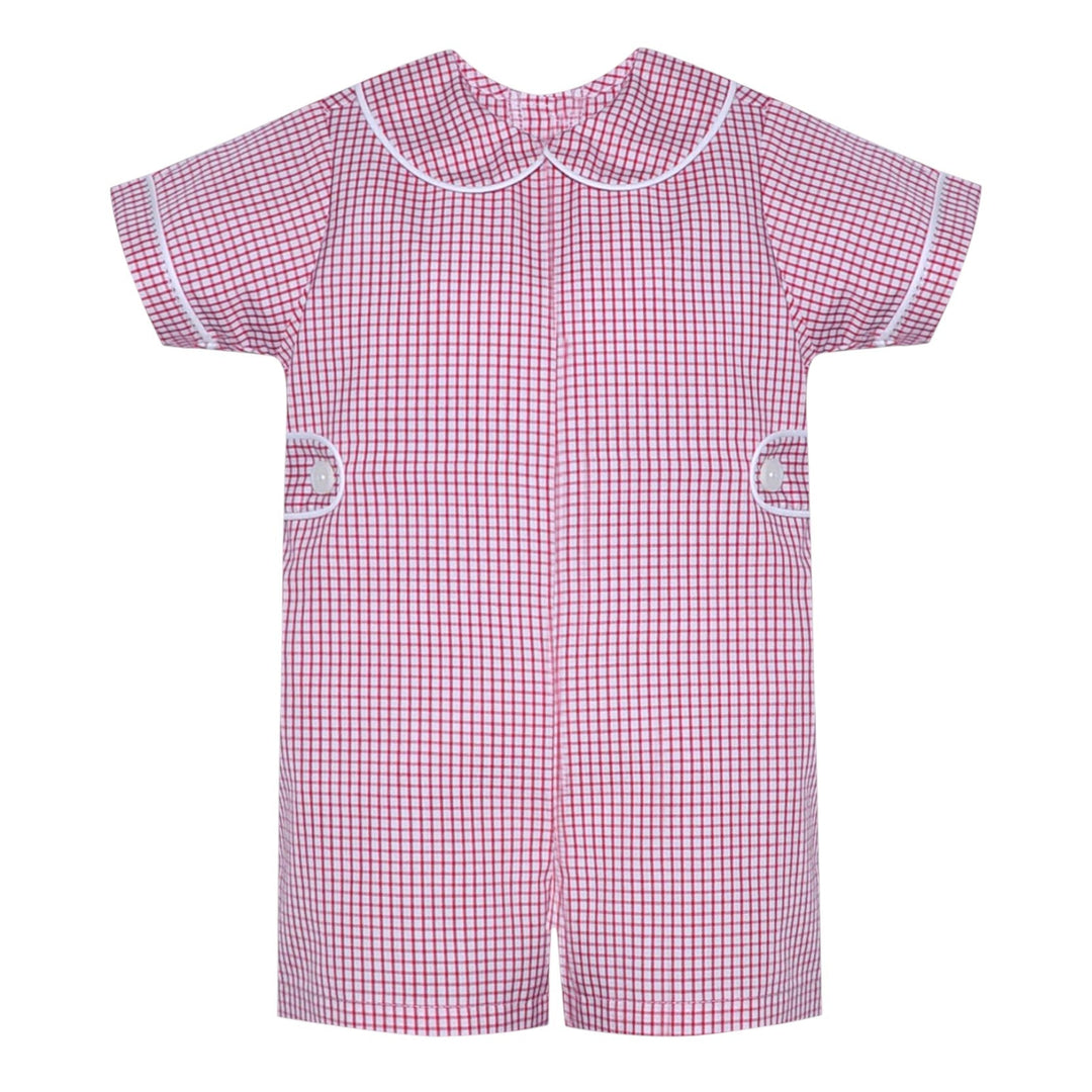 That Store red and white windowpane check baby boy romper with a Peter Pan collar and side-tab button detailing.