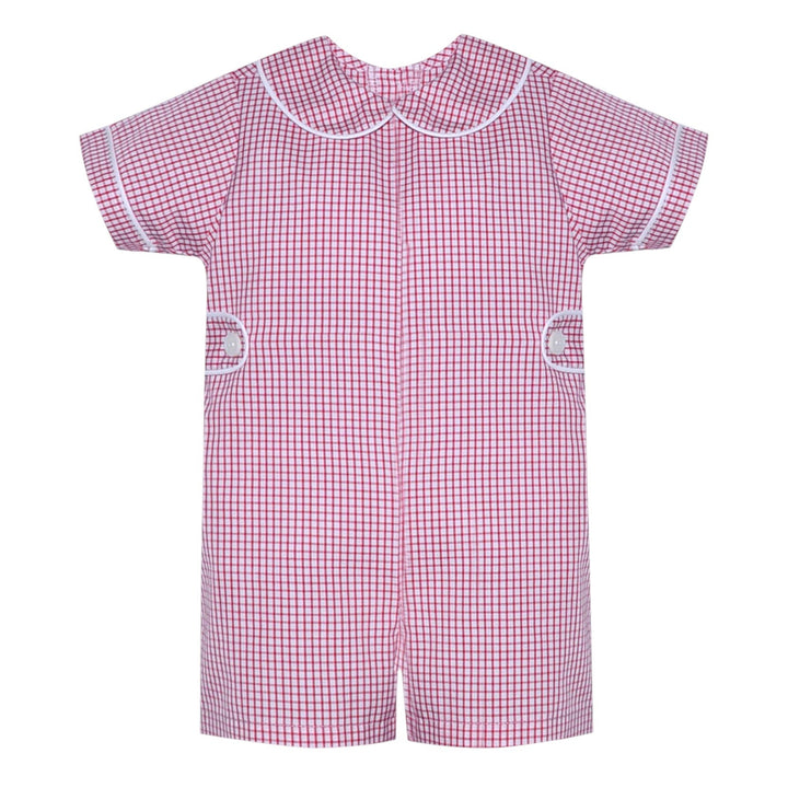 That Store red and white windowpane check baby boy romper with a Peter Pan collar and side-tab button detailing.