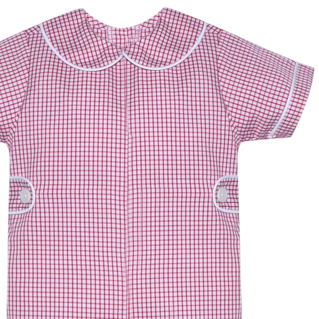 That Store red and white windowpane check baby romper with a Peter Pan collar and white piping detail.