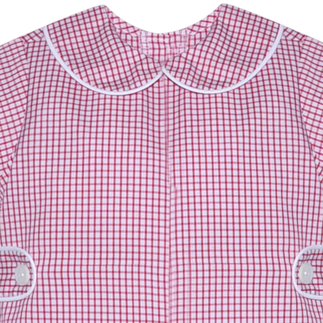 That Store red and white windowpane check baby boy romper with a Peter Pan collar and white piping detail.