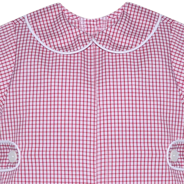 That Store red and white windowpane check baby boy romper with a Peter Pan collar and white piping detail.