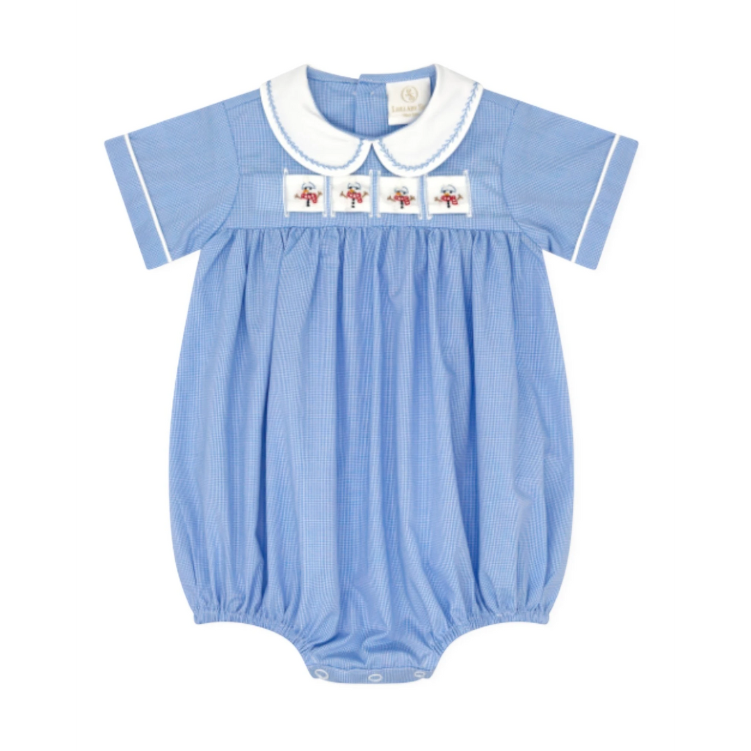 That Store Noah ribbon bubble in river royal mini gingham with white collar and interchangeable snowman ribbon detail