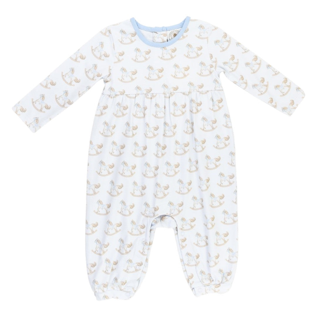 That Store Richmond Rocking Horse boys long-sleeve playsuit in white with blue trim and gathered waist detail.