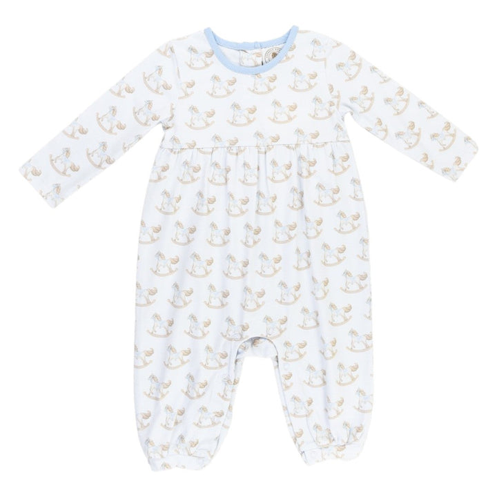 That Store Richmond Rocking Horse boys long-sleeve playsuit in white with blue trim and gathered waist detail.