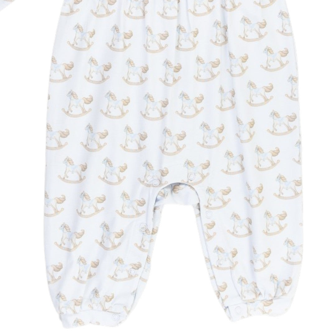 That Store boys playsuit in white with a nostalgic rocking horse print and soft blue trim, featuring snap closures.