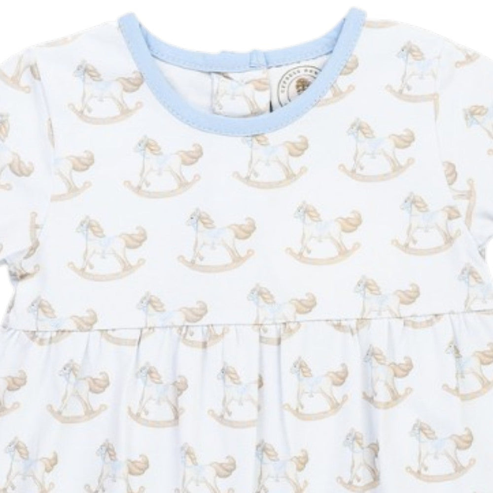 That Store Richmond Rocking Horse boys playsuit in white with soft blue trim and a whimsical rocking horse print.