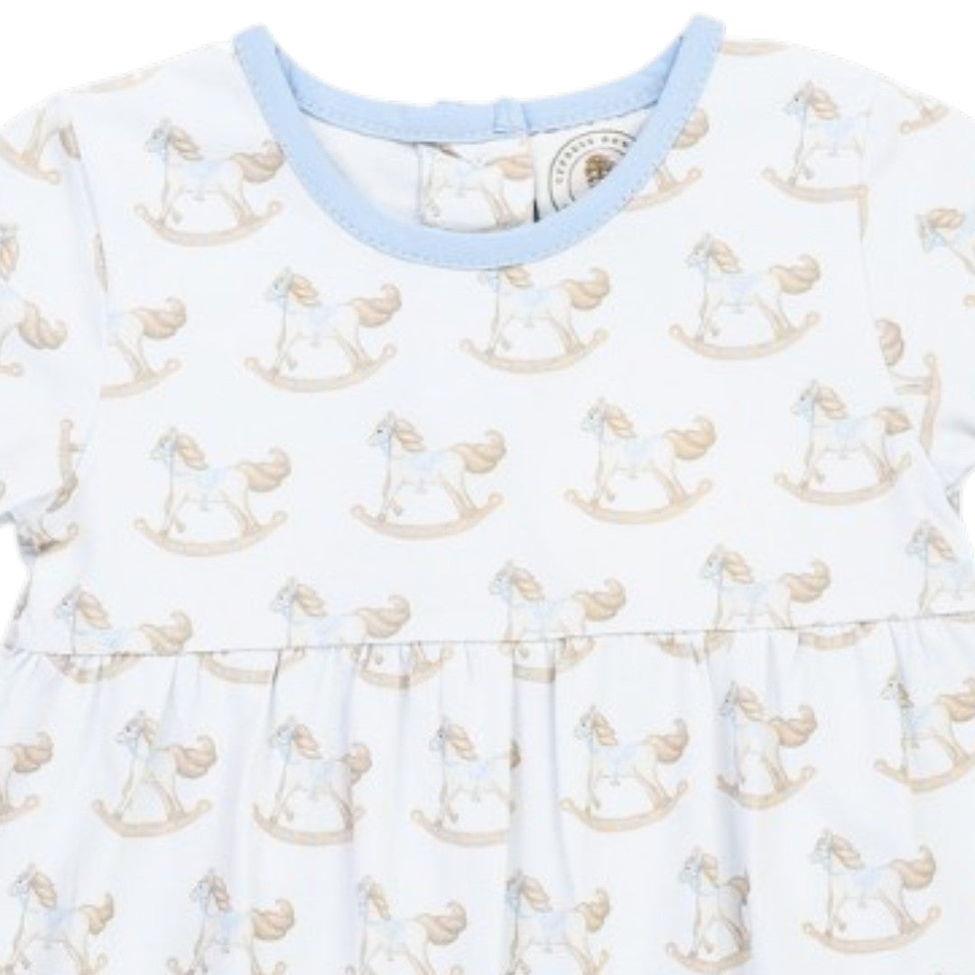 That Store Richmond Rocking Horse boys playsuit in white with soft blue trim and a whimsical rocking horse print.