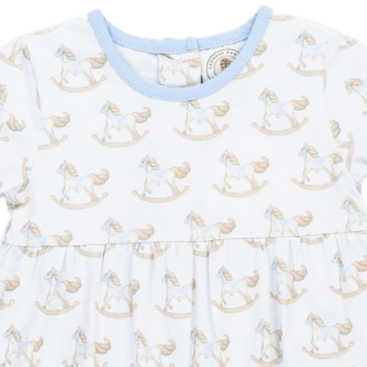 That Store Richmond Rocking Horse boys playsuit in white with soft blue trim and a whimsical rocking horse print.