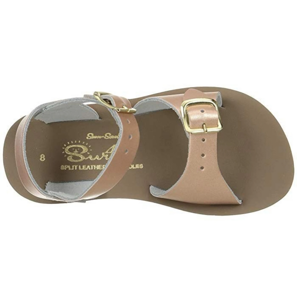 That Store rose gold water-friendly leather surfer sandals with adjustable brass buckle straps for girls