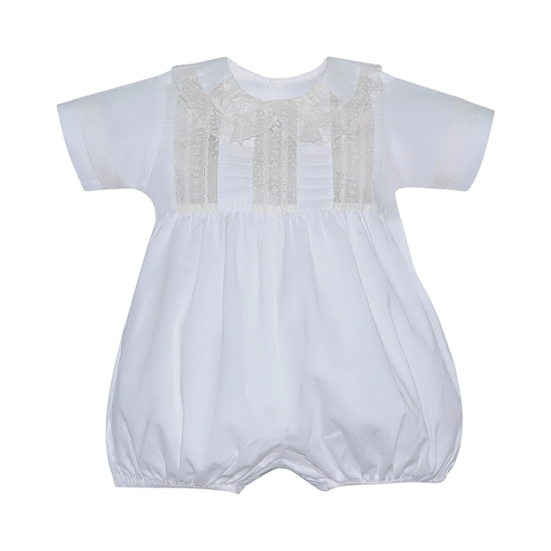 That Store Rowan boy bubble in vintage white with ecru floral lace accents and a delicate collar for special events