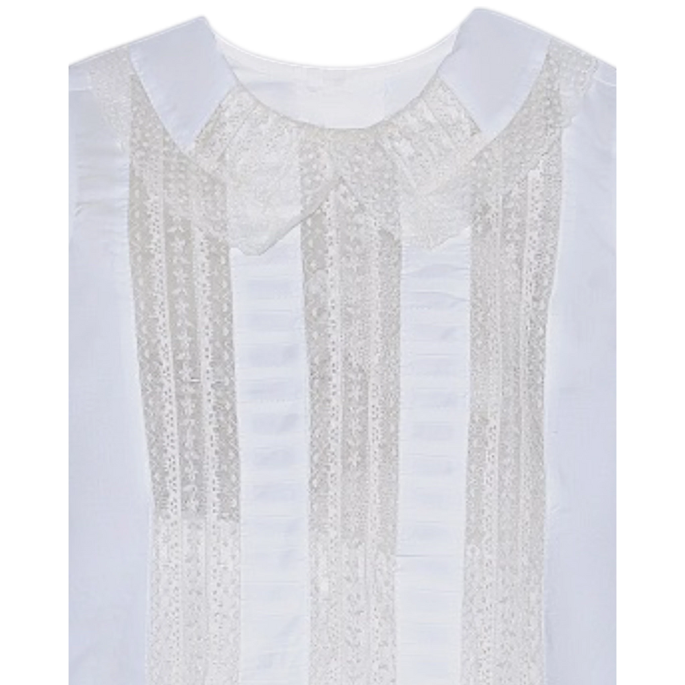 That Store Rowan boys shirt in vintage white with intricate ecru lace trim and pleated detailing on the front
