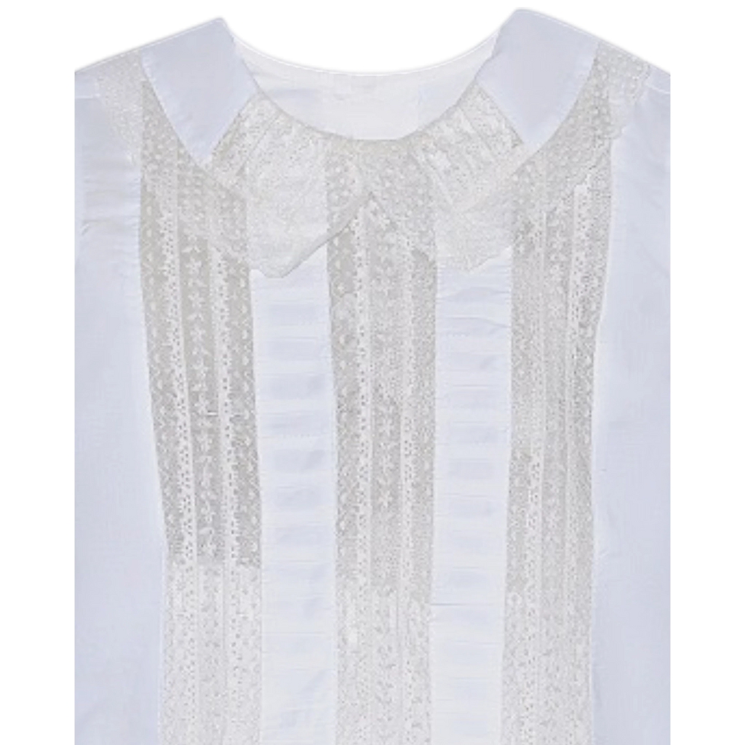 That Store Rowan boys shirt in vintage white with intricate ecru lace trim and pleated detailing on the front