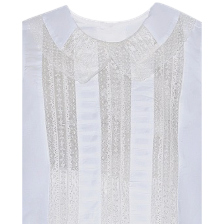 That Store Rowan boys shirt in vintage white with intricate ecru lace trim and pleated detailing on the front