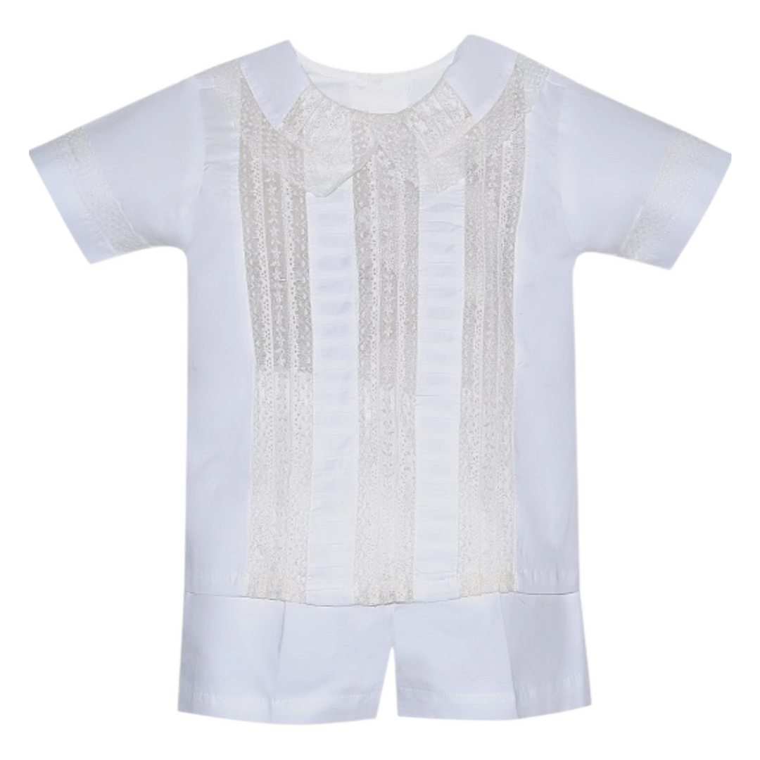 That Store Rowan boys short set in vintage white with intricate ecru lace detailing and a classic peter pan collar.