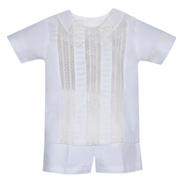 That Store Rowan boys short set in vintage white with intricate ecru lace detailing and a classic peter pan collar.