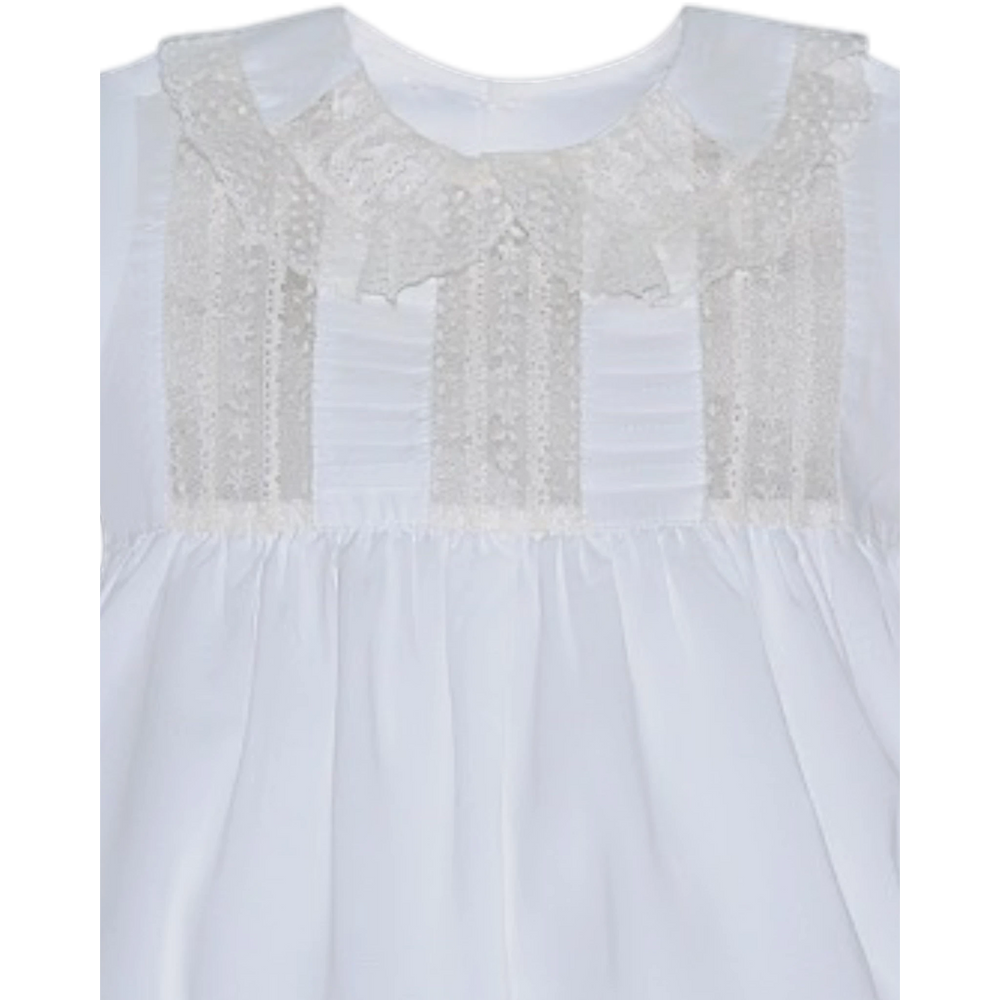 That Store Rowan boy bubble in vintage white with intricate ecru floral lace collar and bodice insertions