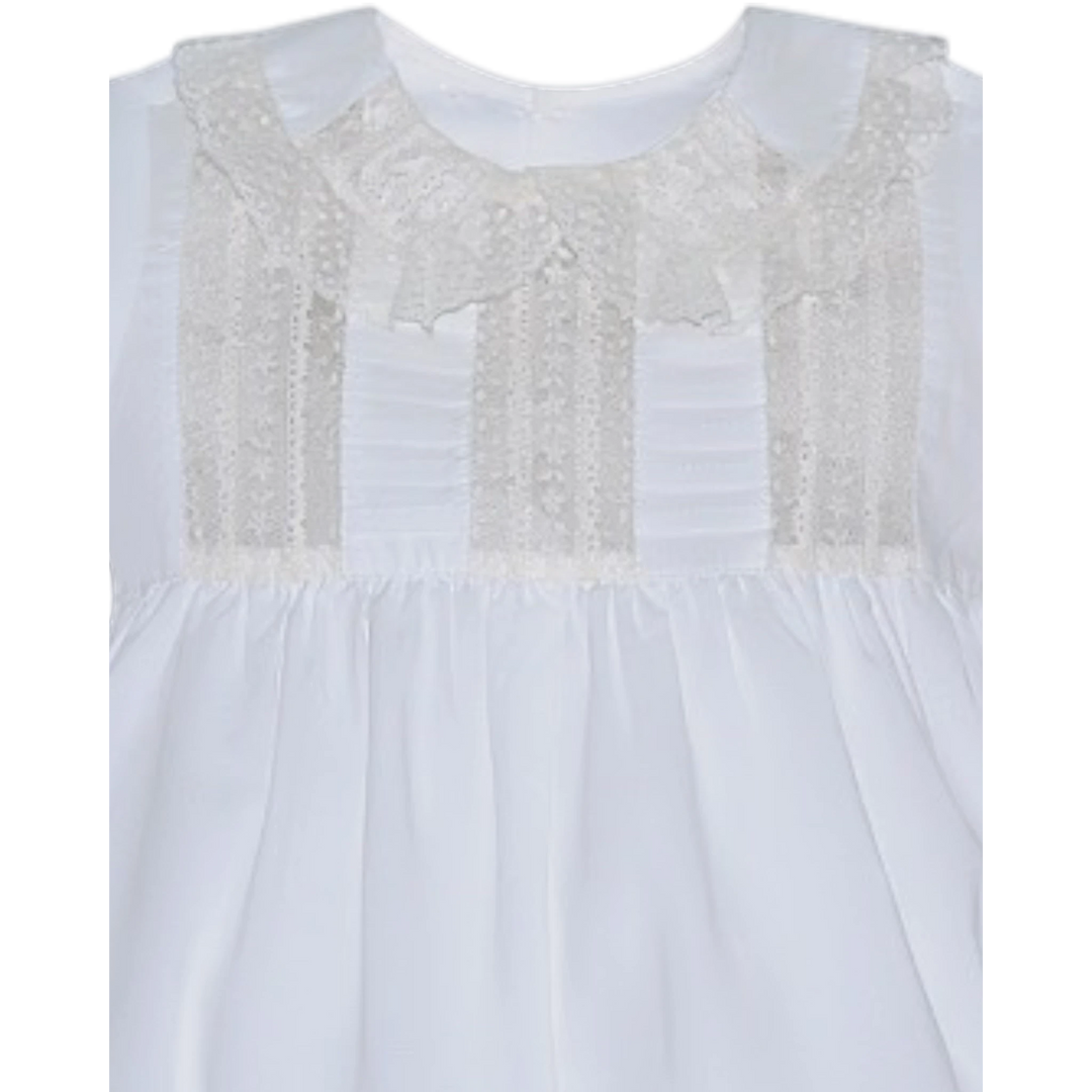 That Store Rowan boy bubble in vintage white with intricate ecru floral lace collar and bodice insertions