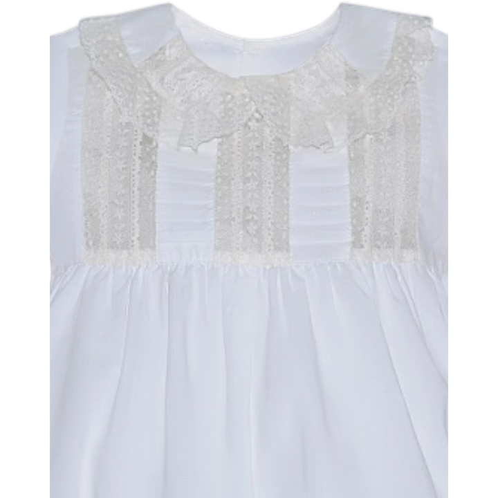 That Store Rowan boy bubble in vintage white with intricate ecru floral lace collar and bodice insertions