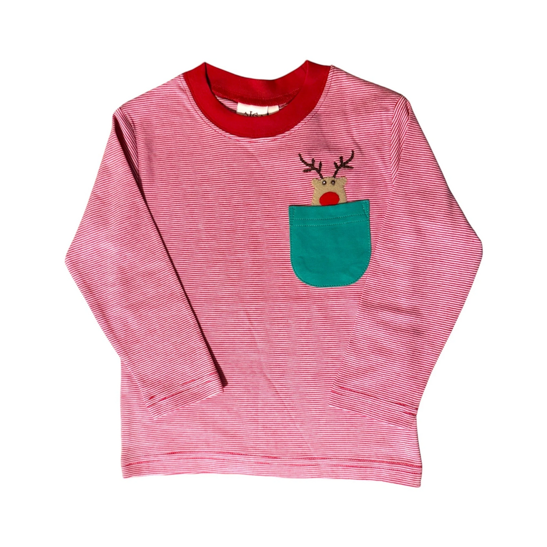 That Store boys long sleeve tee with red stripes, a green pocket, and a festive felt Rudolph applique.