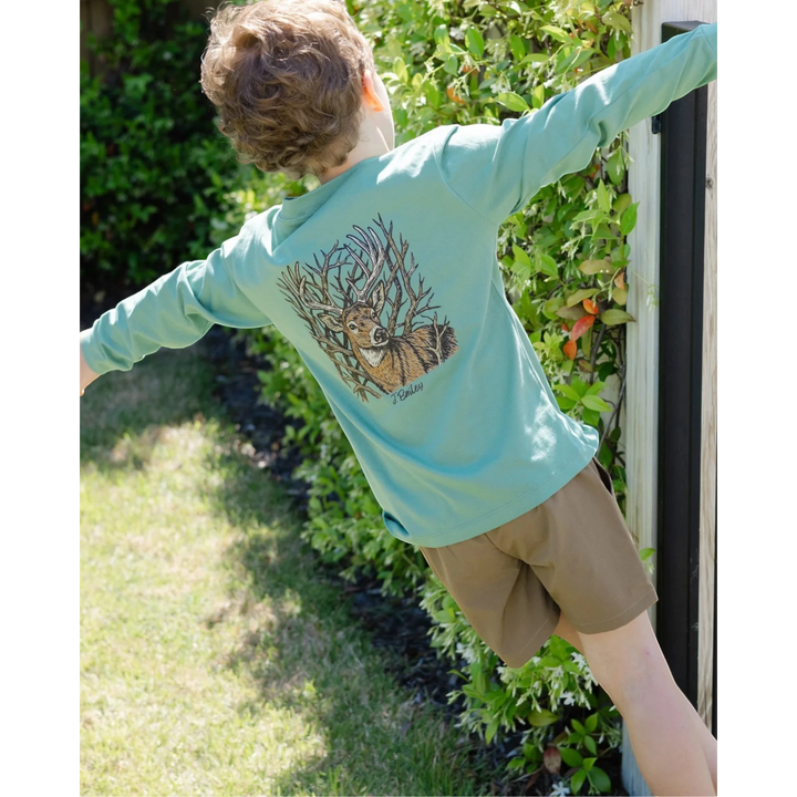 That Store sage green long sleeve cotton tee featuring a detailed buck deer graphic on the back for boys