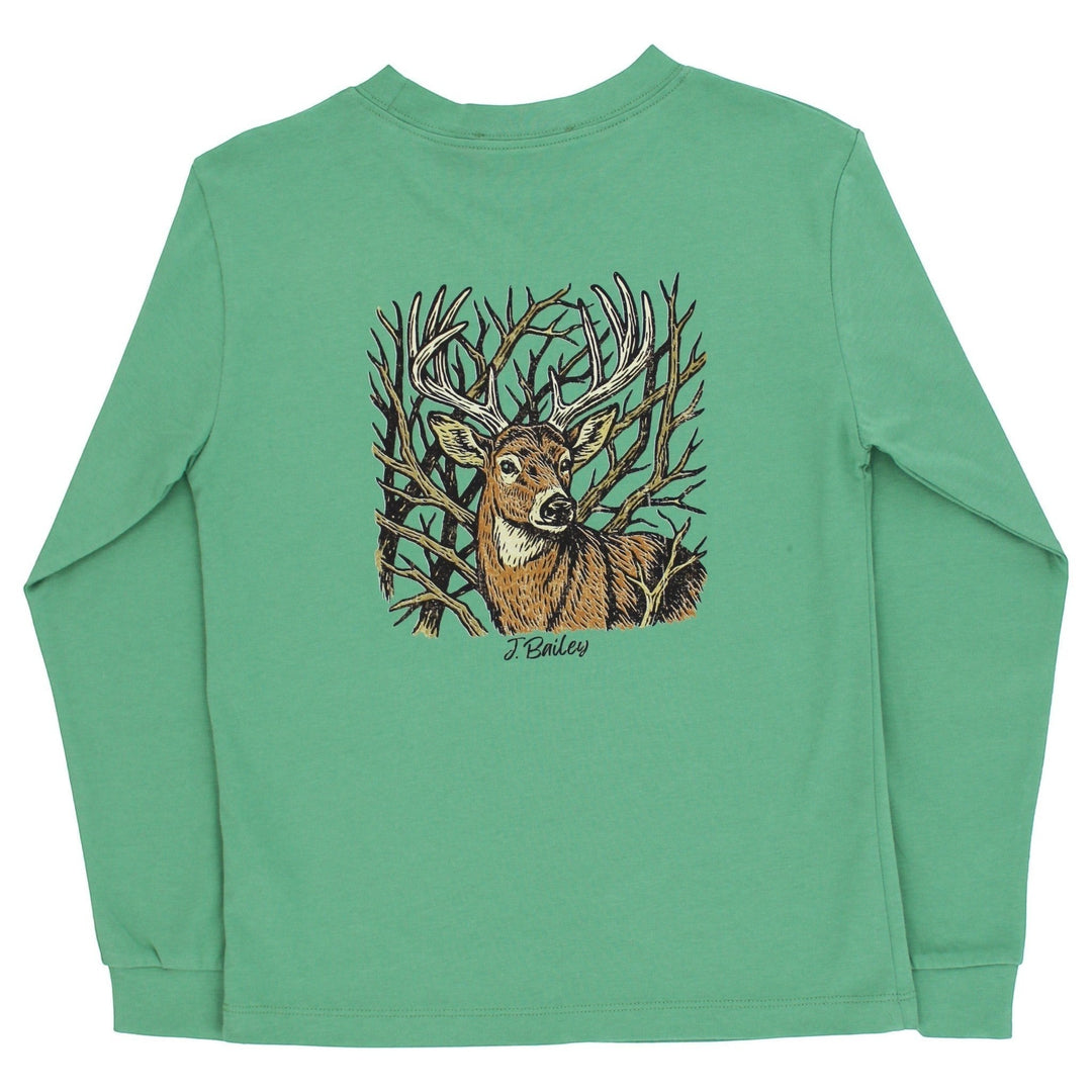 That Store sage green long sleeve boys tee featuring a detailed buck deer and woodland graphic on the back