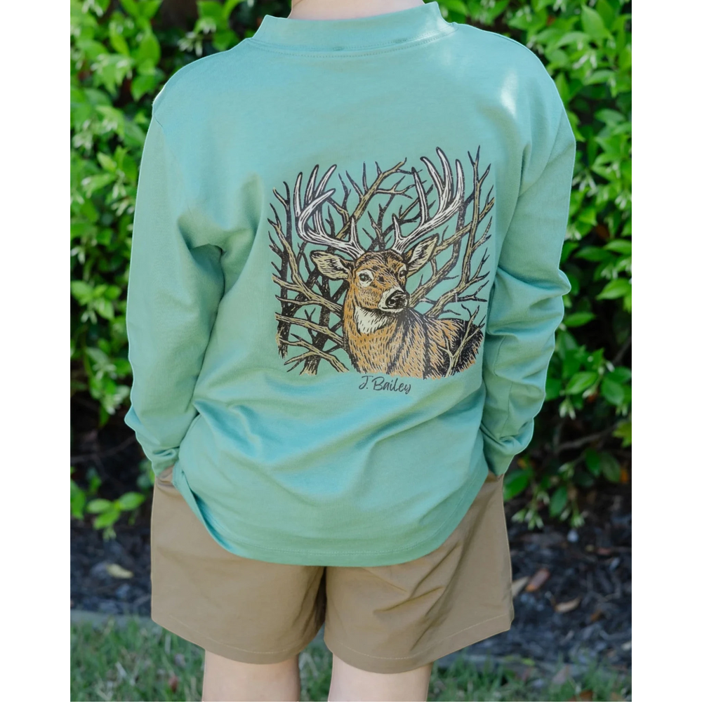That Store boys sage green long sleeve cotton tee featuring a detailed buck deer graphic on the back