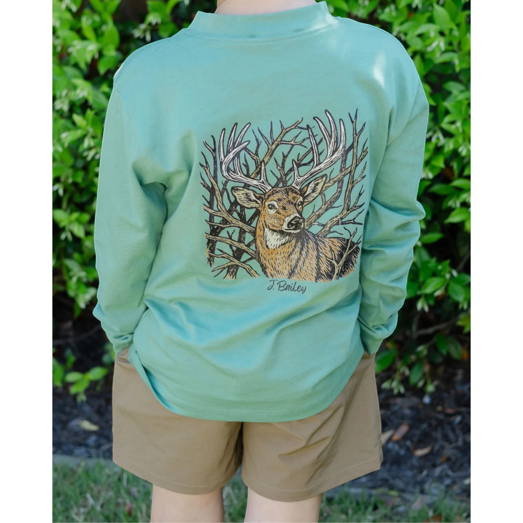 That Store boys sage green long sleeve cotton tee featuring a detailed buck deer graphic on the back