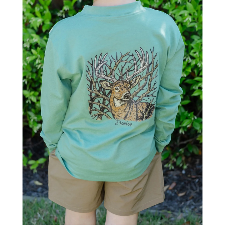 That Store boys sage green long sleeve cotton tee featuring a detailed buck deer graphic on the back