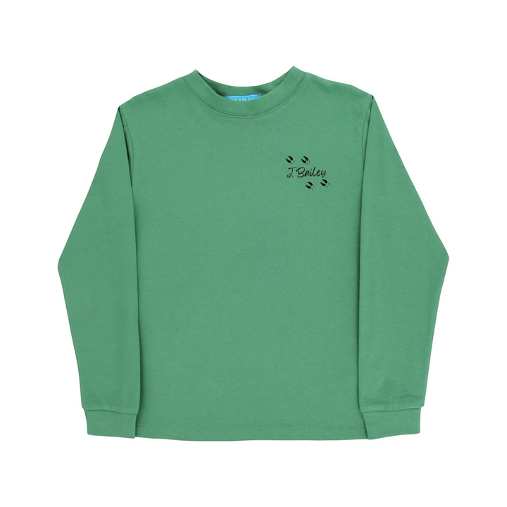 That Store sage green long sleeve cotton tee for boys featuring a small black J. Bailey logo and deer track detail