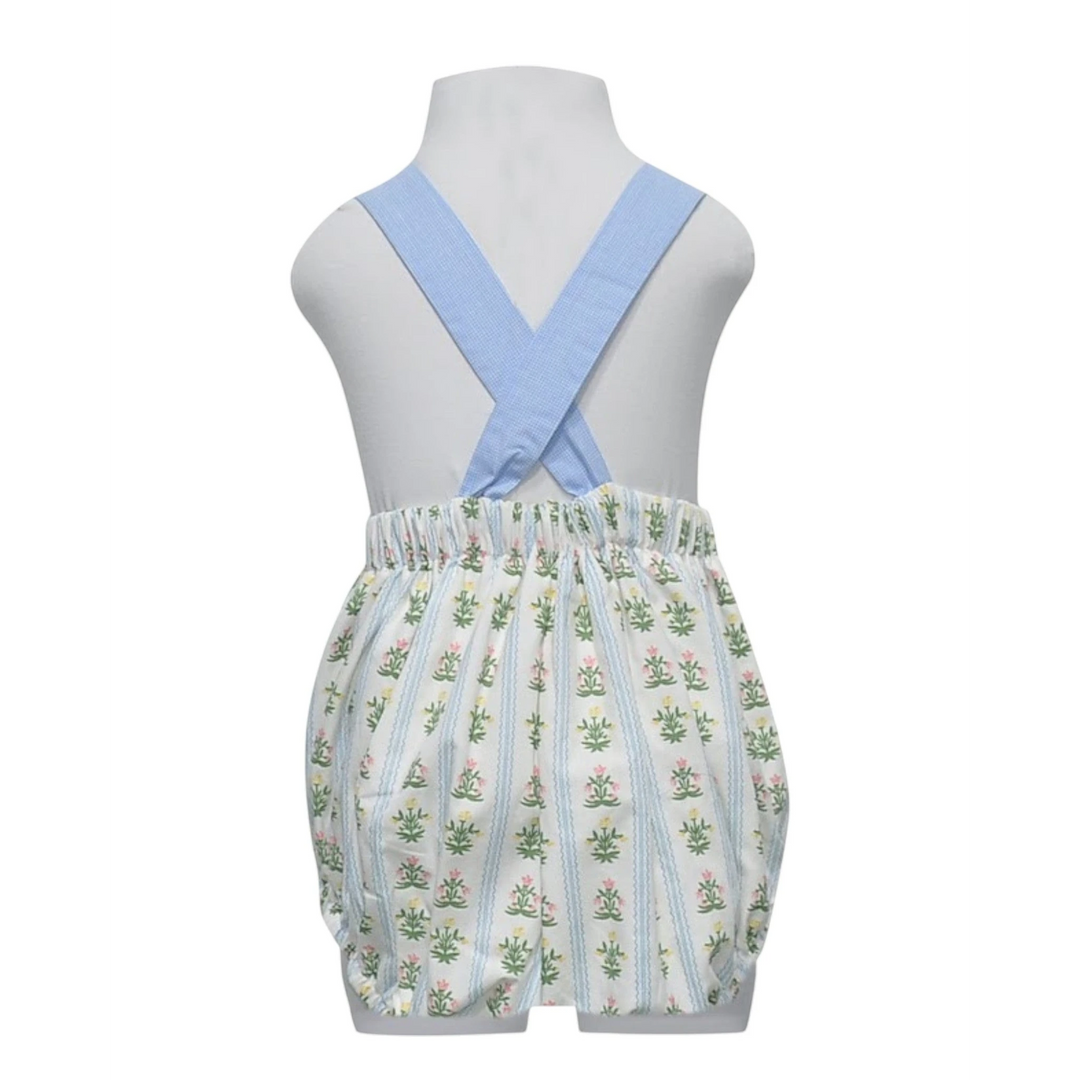 That Store sage green and blue wildflower print cotton bubble with cross-back straps on a mannequin, back view