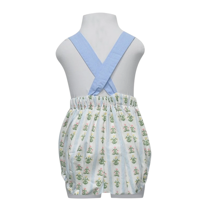 That Store sage green and blue wildflower print cotton bubble with cross-back straps on a mannequin, back view