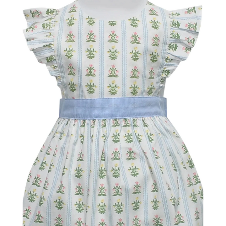 That Store sage green wildflower print sundress with angel wing sleeves and a blue gingham sash.