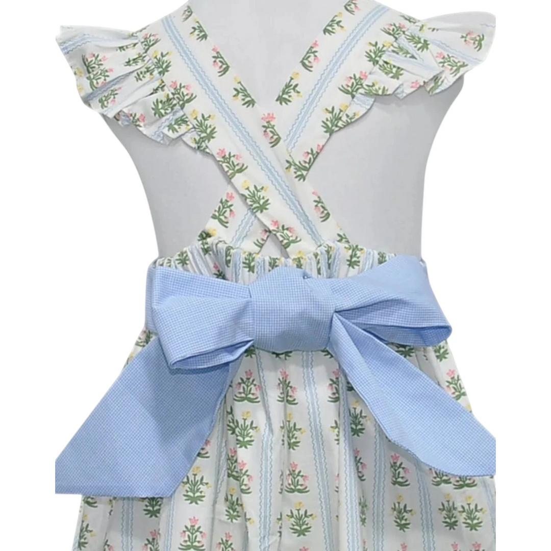 That Store sage green wildflower cotton sundress with angel wing straps and a blue gingham back tie bow