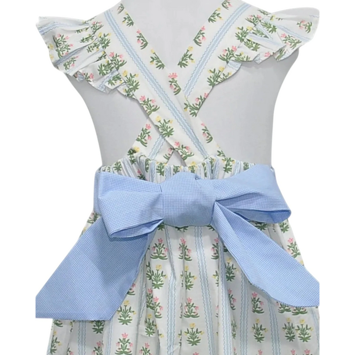 That Store sage green wildflower cotton sundress with angel wing straps and a blue gingham back tie bow