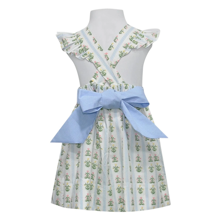 That Store sage green wildflower cotton sundress with angel wings and a blue gingham back tie
