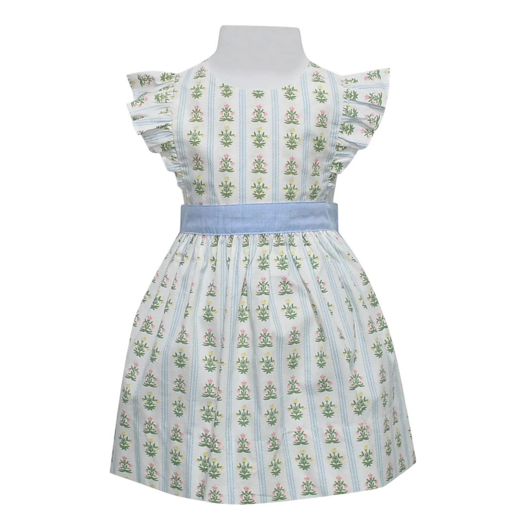 That Store sage green Kerry sundress with wildflower print, angel wing sleeves, and a blue gingham sash.
