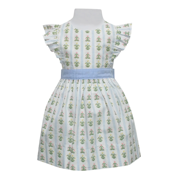 That Store sage green Kerry sundress with wildflower print, angel wing sleeves, and a blue gingham sash.