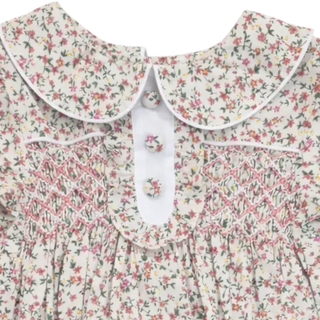 That Store Samantha floral cotton girls bubble with classic chest smocking and a white peter pan collar