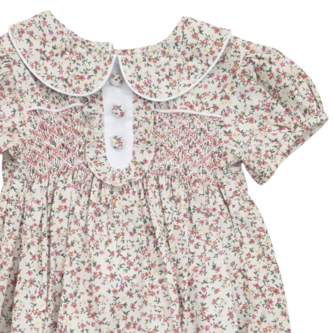 That Store Samantha girls bubble in pink floral print cotton with classic chest smocking and a white peter pan collar
