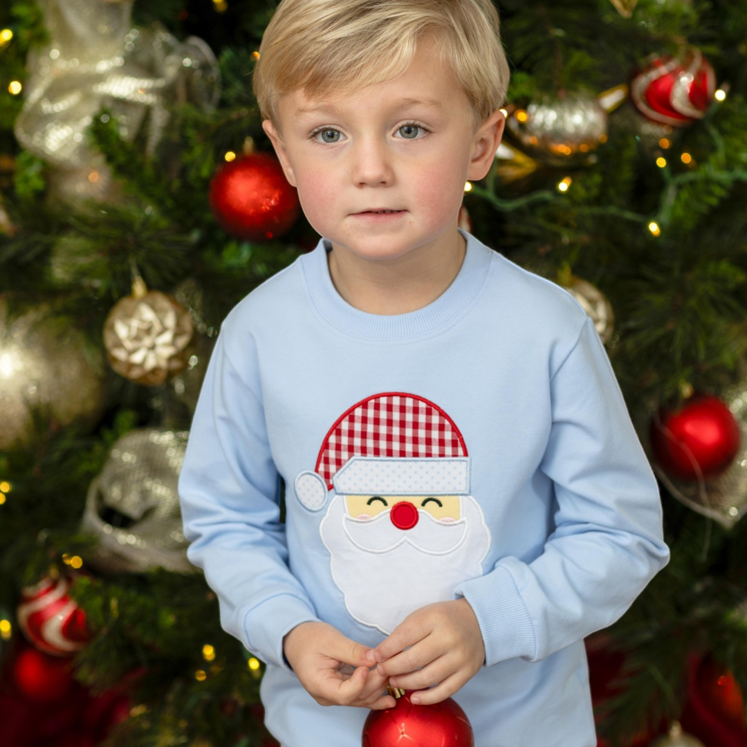 Young boy wearing a That Store light blue French terry pullover with a festive Santa applique in front of a tree.