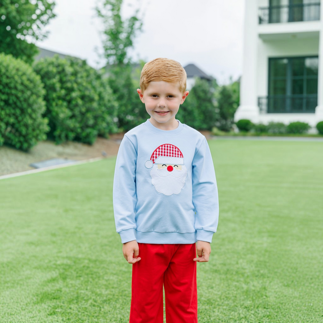 Boy wearing a That Store light blue French terry pullover with a festive Santa applique on a green lawn.