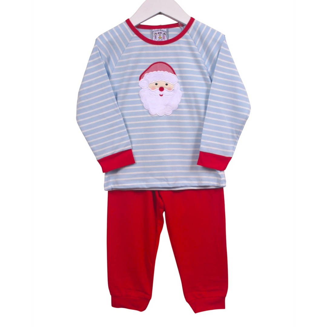 That Store boys jogger set featuring a blue striped long-sleeve top with a Santa applique and solid red joggers.