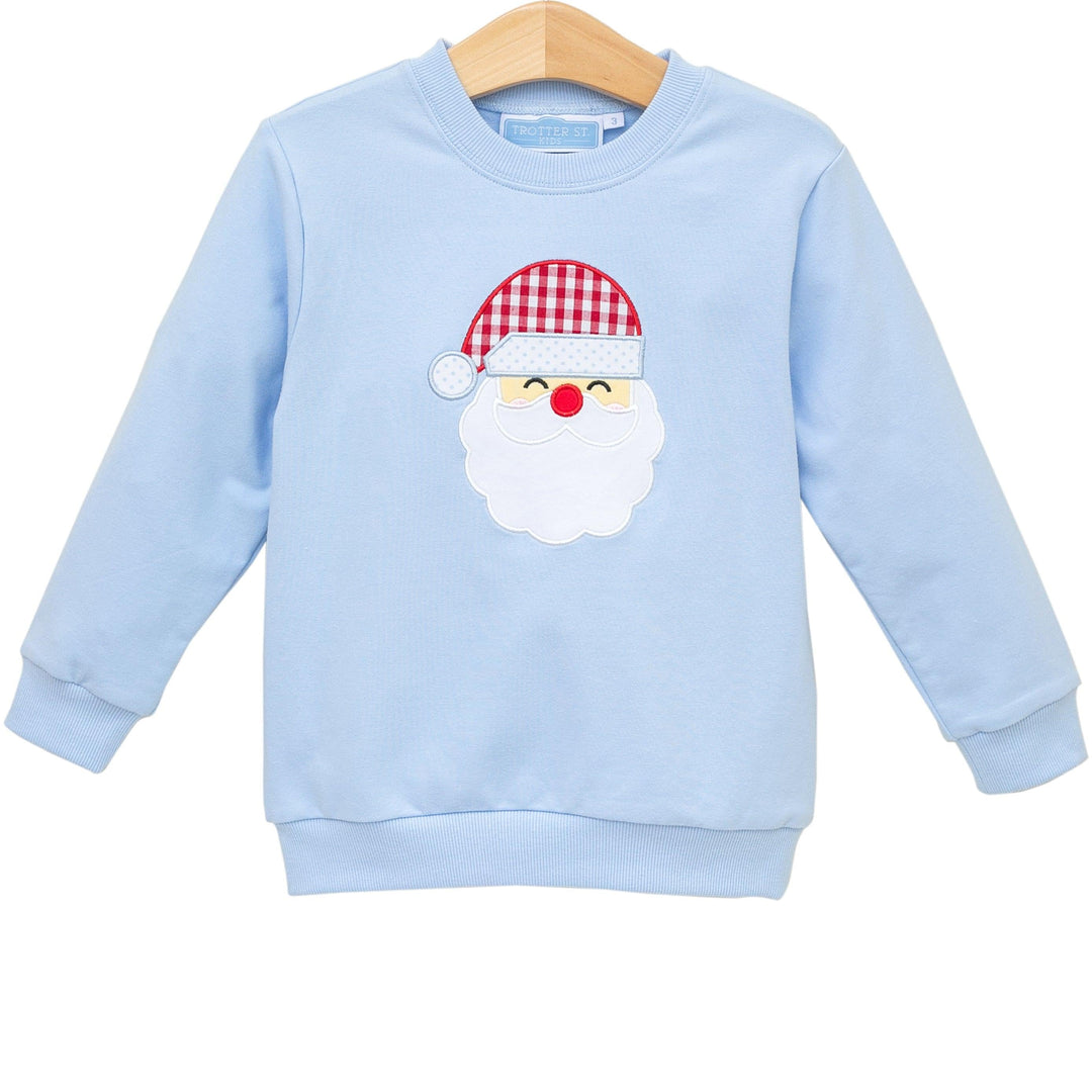 That Store light blue French terry boys pullover featuring a festive Santa Claus applique for Christmas.