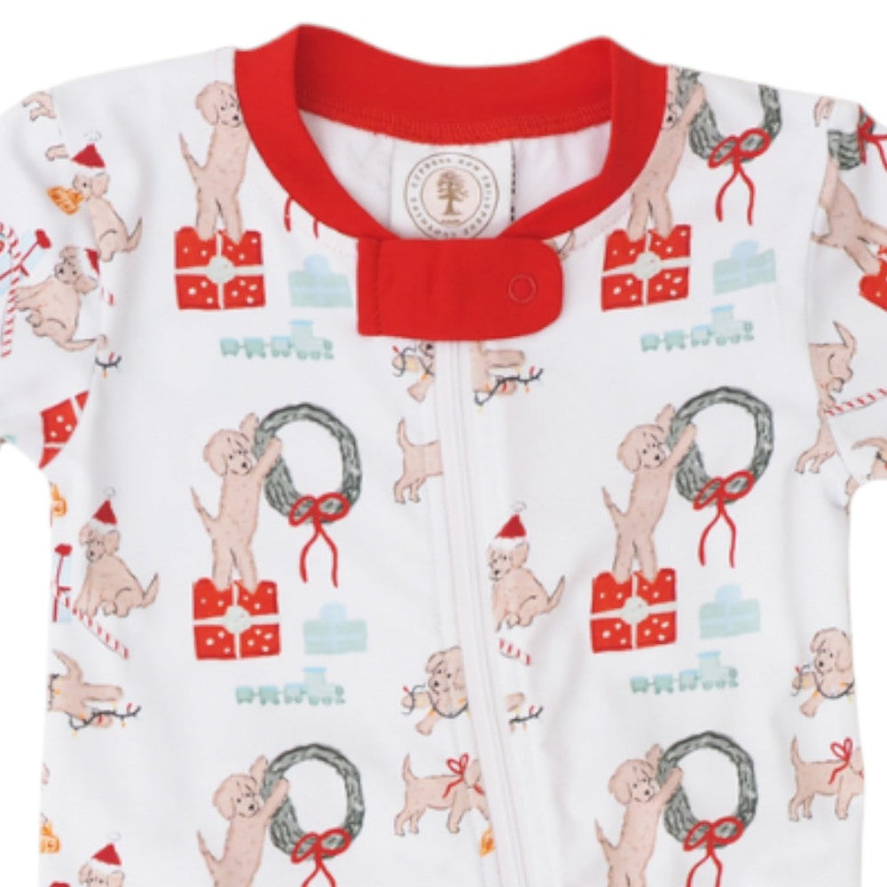 That Store Santa Paws footie lounge featuring a festive puppy and Christmas gift print with a red collar detail