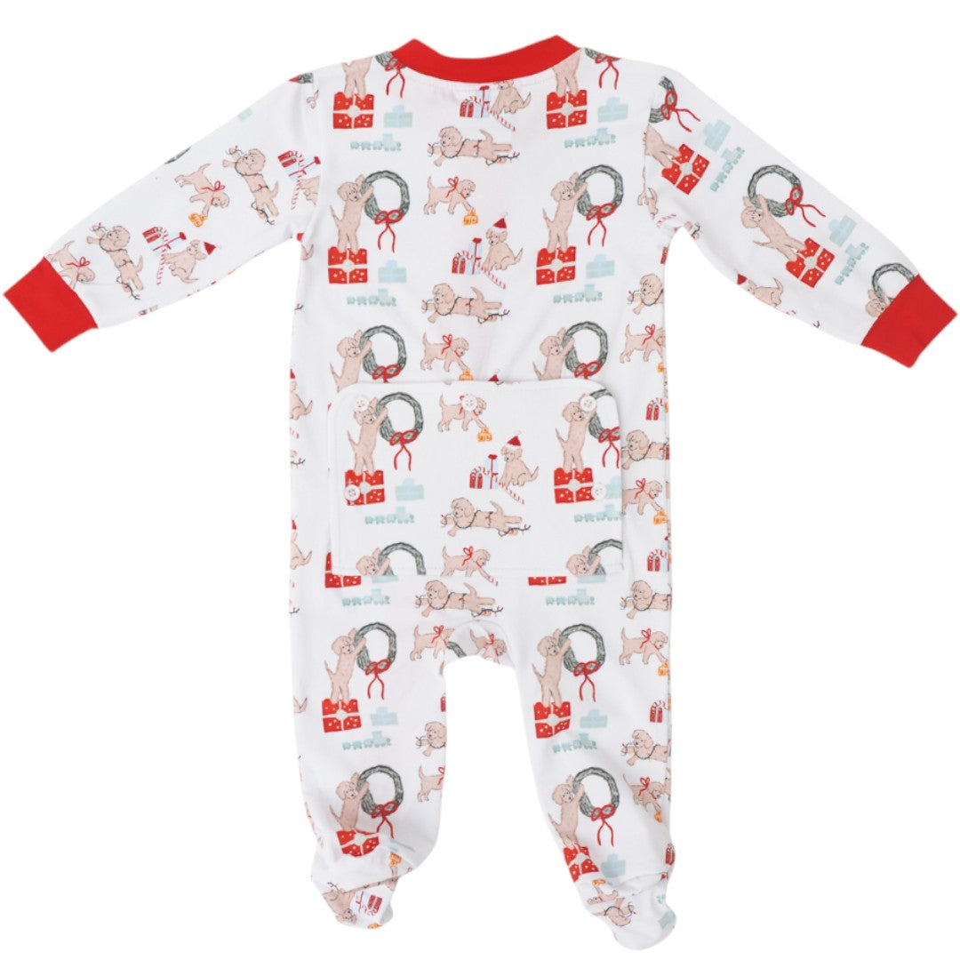 That Store Santa Paws footie lounge with festive puppy print, red cuffs, and back flap detail for babies.