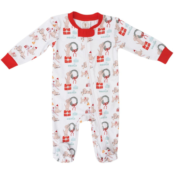 That Store Santa Paws footie lounge with festive puppy print, red trim, and zipper closure for babies.