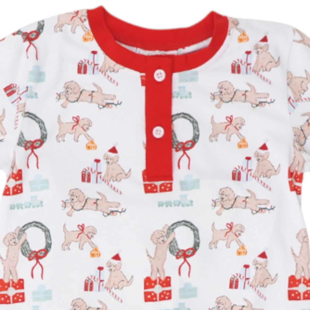 That Store Santa Paws Louis boys lounge set with a white puppy print, red trim, and festive Christmas holiday motif.