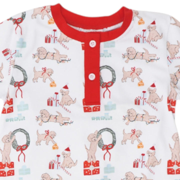 That Store Santa Paws Louis boys lounge set with a white puppy print, red trim, and festive Christmas holiday motif.