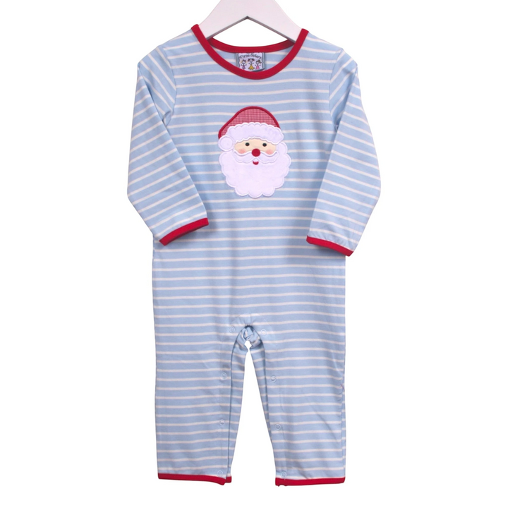 That Store boys romper in blue and white stripes with a festive Santa applique and red trim details.